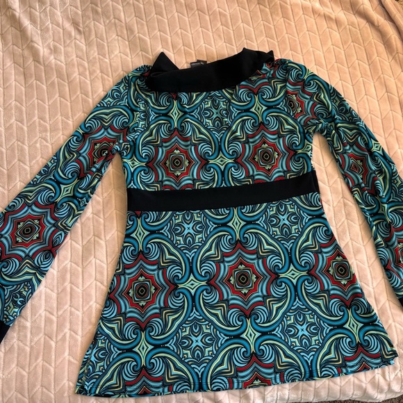 Vtg 70s Bisou Bisou Psychedelic Geometric Empire Waist Bell Sleeve Top Size L - Picture 8 of 15